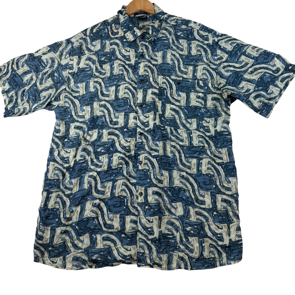 Montage Pour Homme Mens XL Silk Button Down Shirt Blue Abstract Batik Print